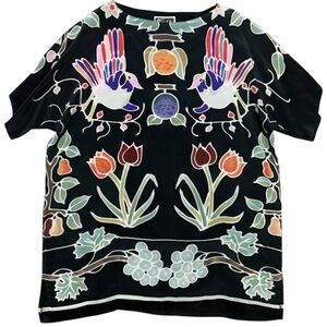 Vintage Art Waves Silk Floral Printed Tropical Bird Tunic, Oversized Small